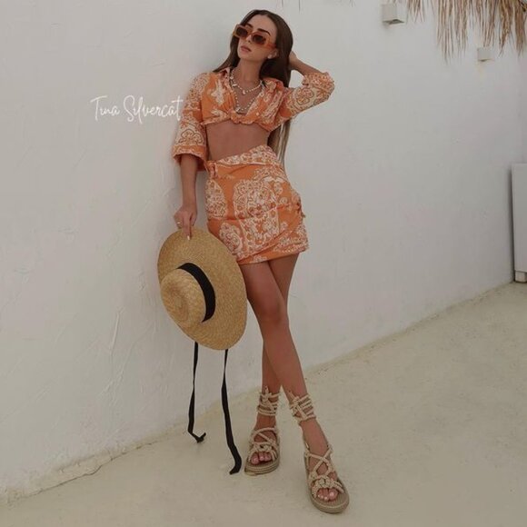 BLOGGER'S FAVE! Zara 2 Piece Printed Mini Skirt And Top Set Burnt Orange NWT - Picture 5 of 16